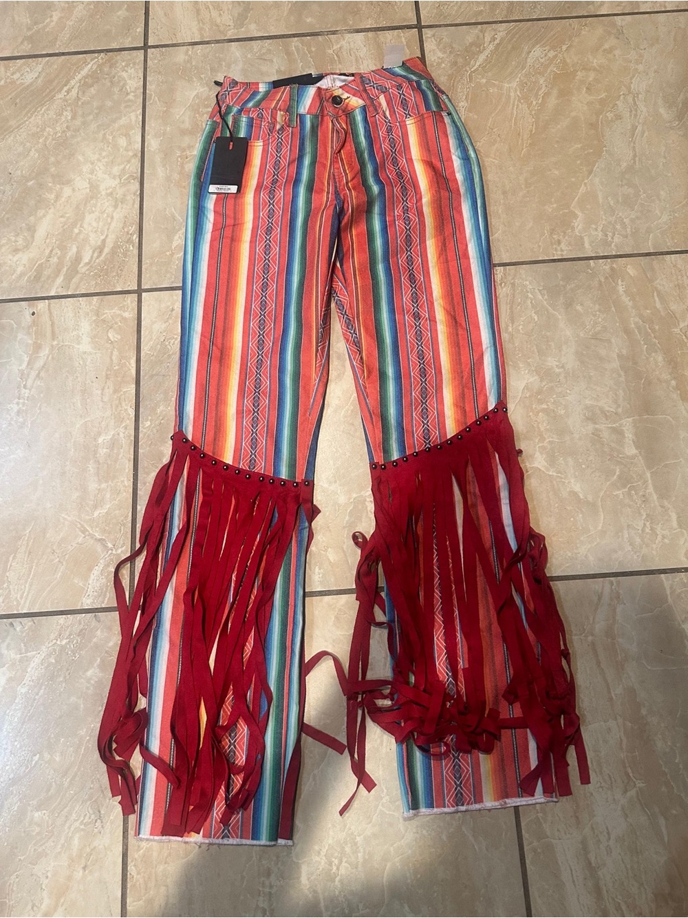 Striped flare jeans with red fringe detailing 18B Size 6